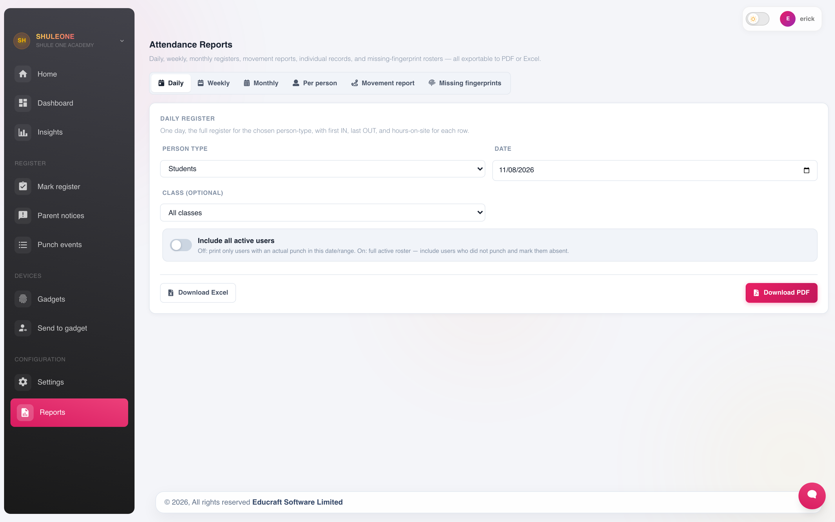 Attendance reports and export options