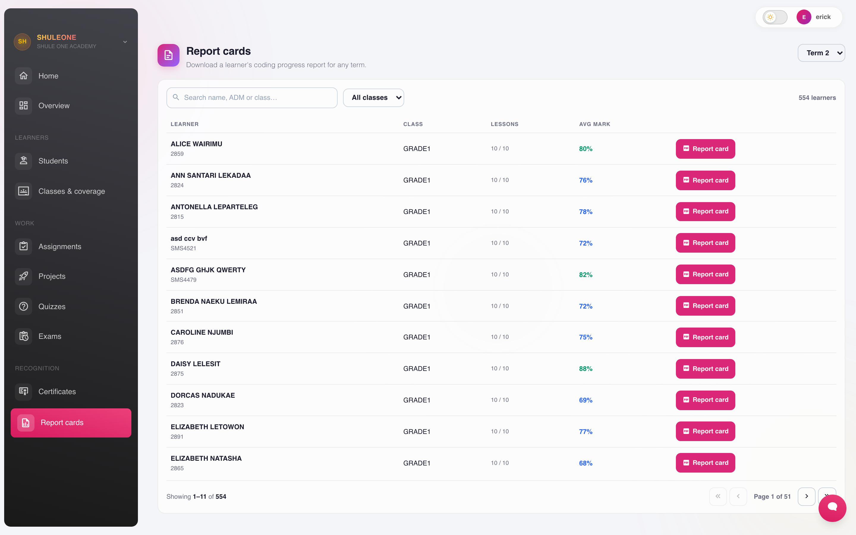 Coding report cards