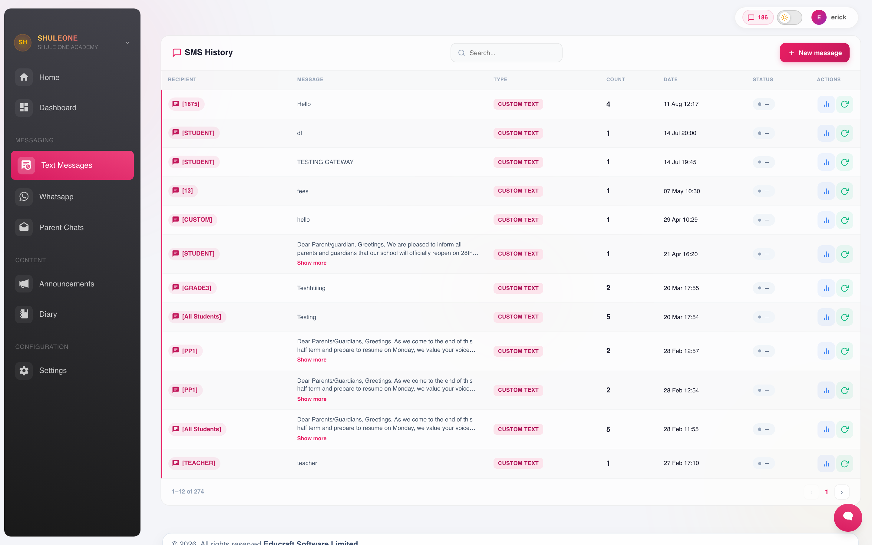 The SMS delivery history