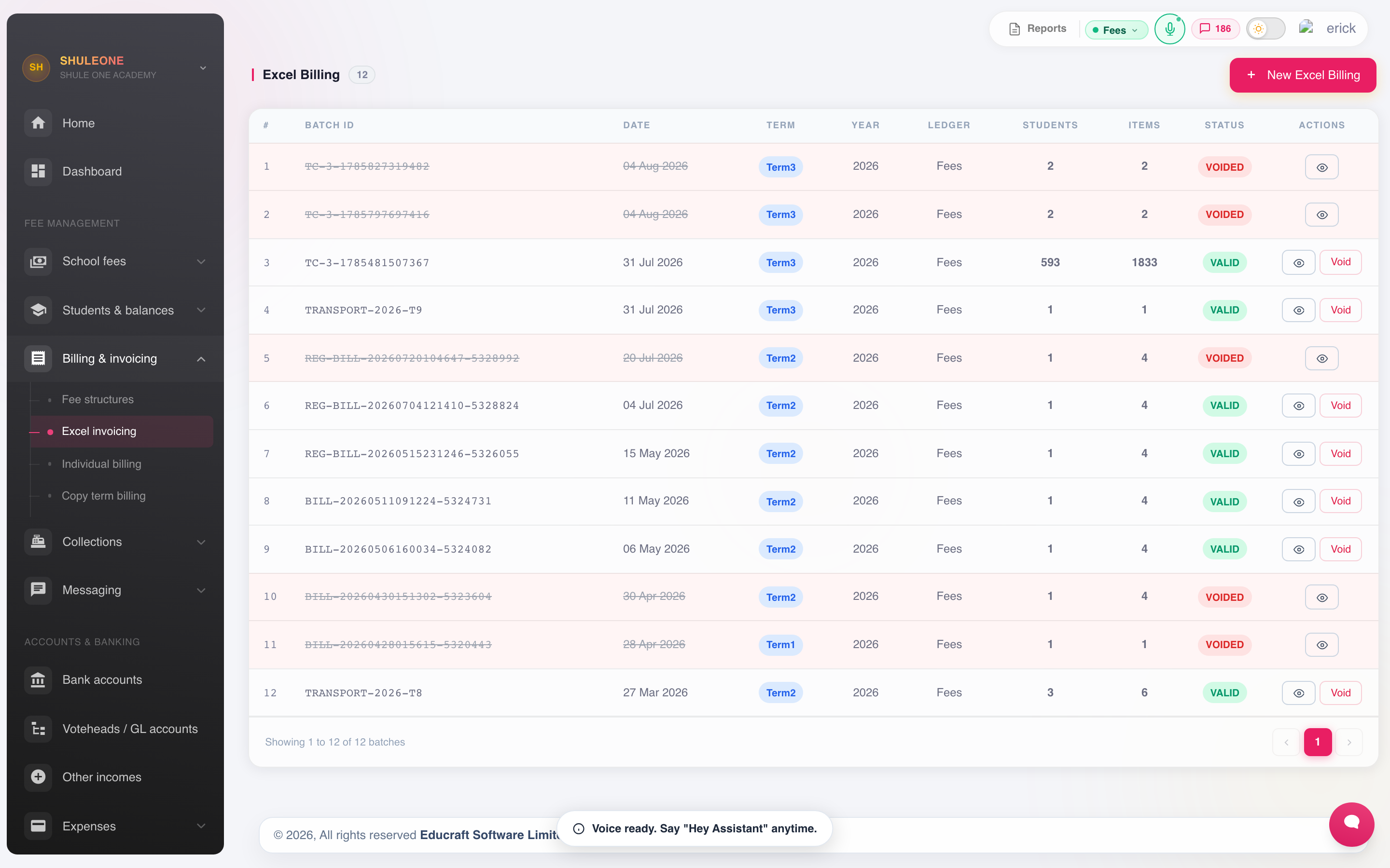 Previous spreadsheet billing runs