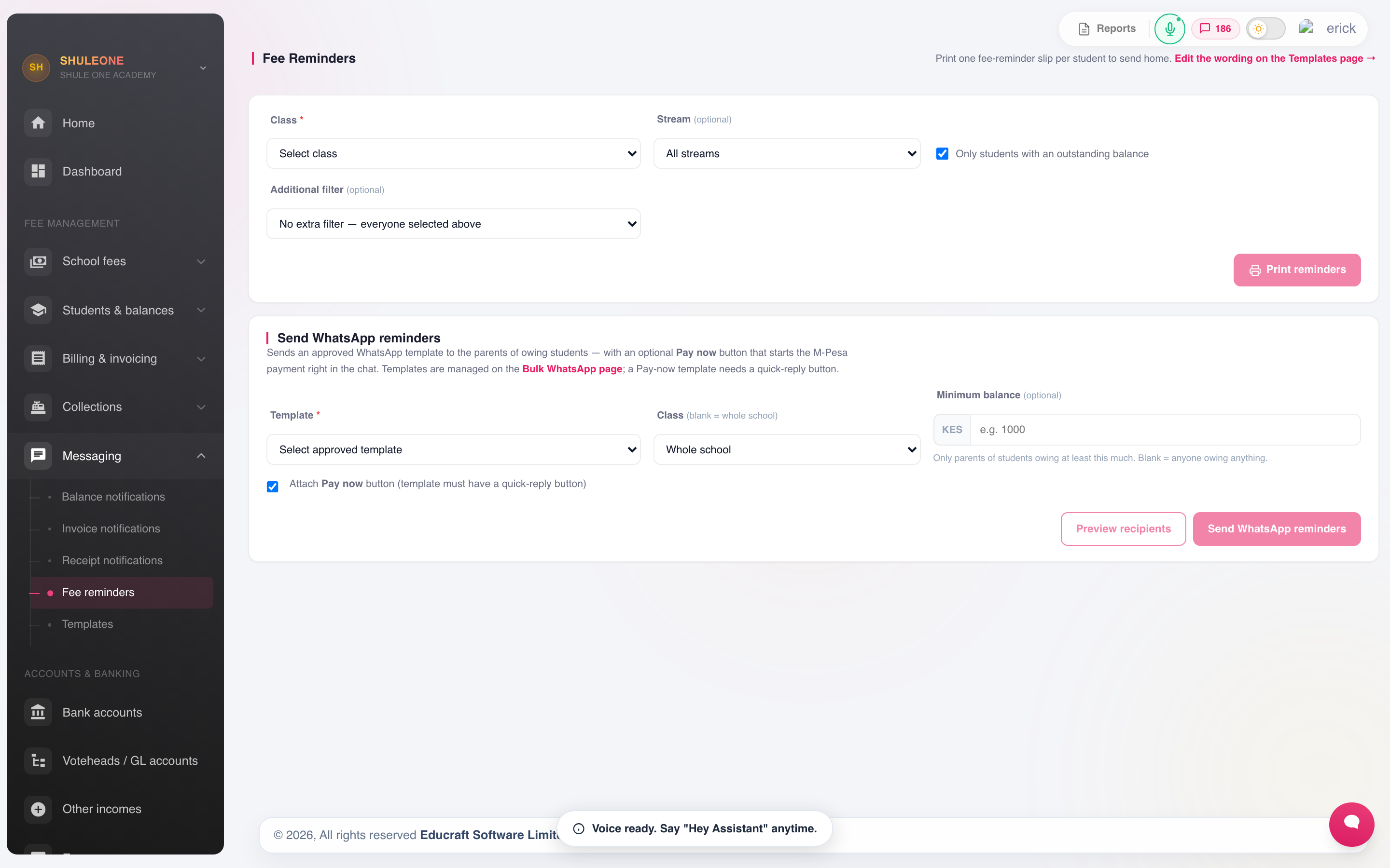 The fee-reminder workspace