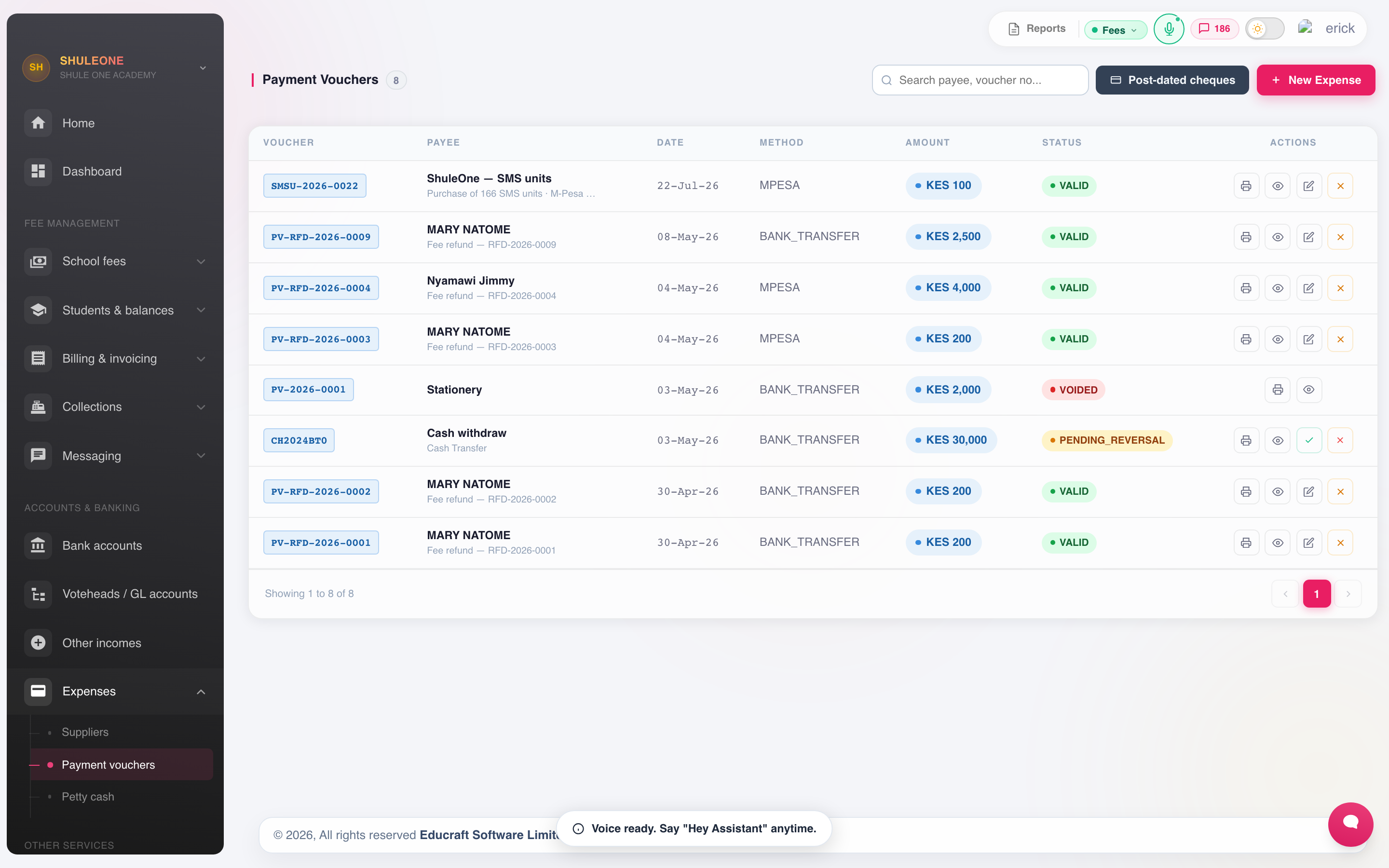 Payment vouchers and approval status