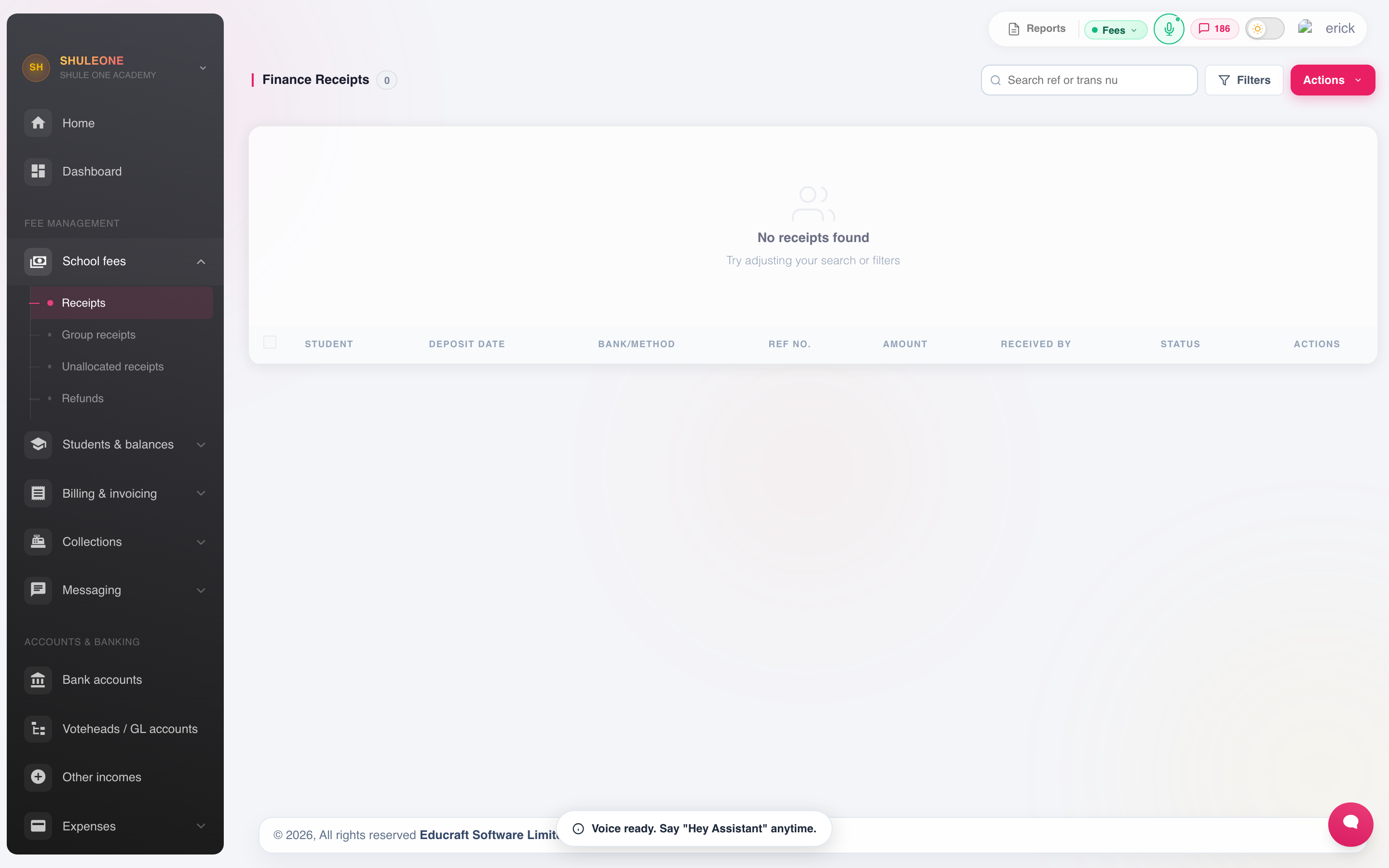 The finance receipts list