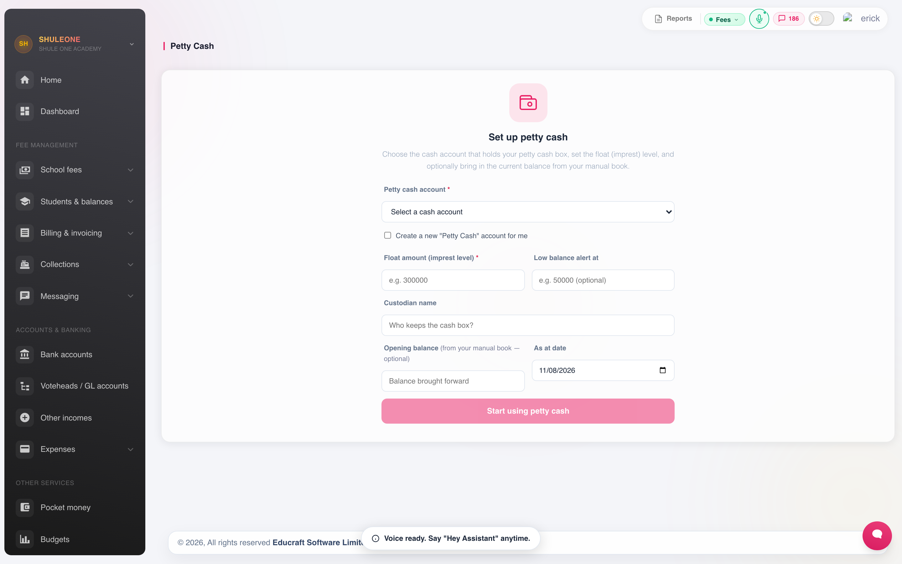 The petty-cash setup screen