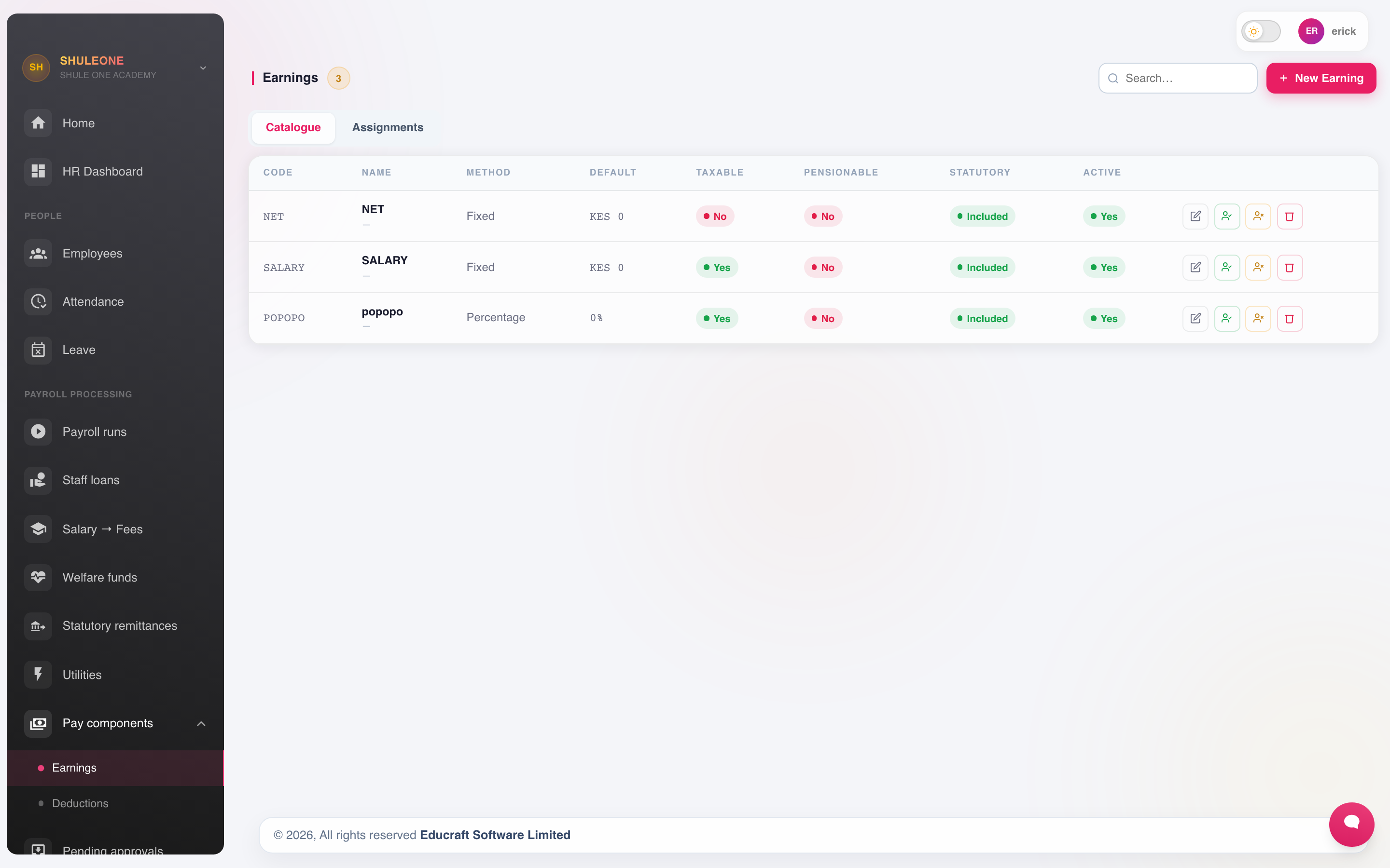 The earnings catalogue