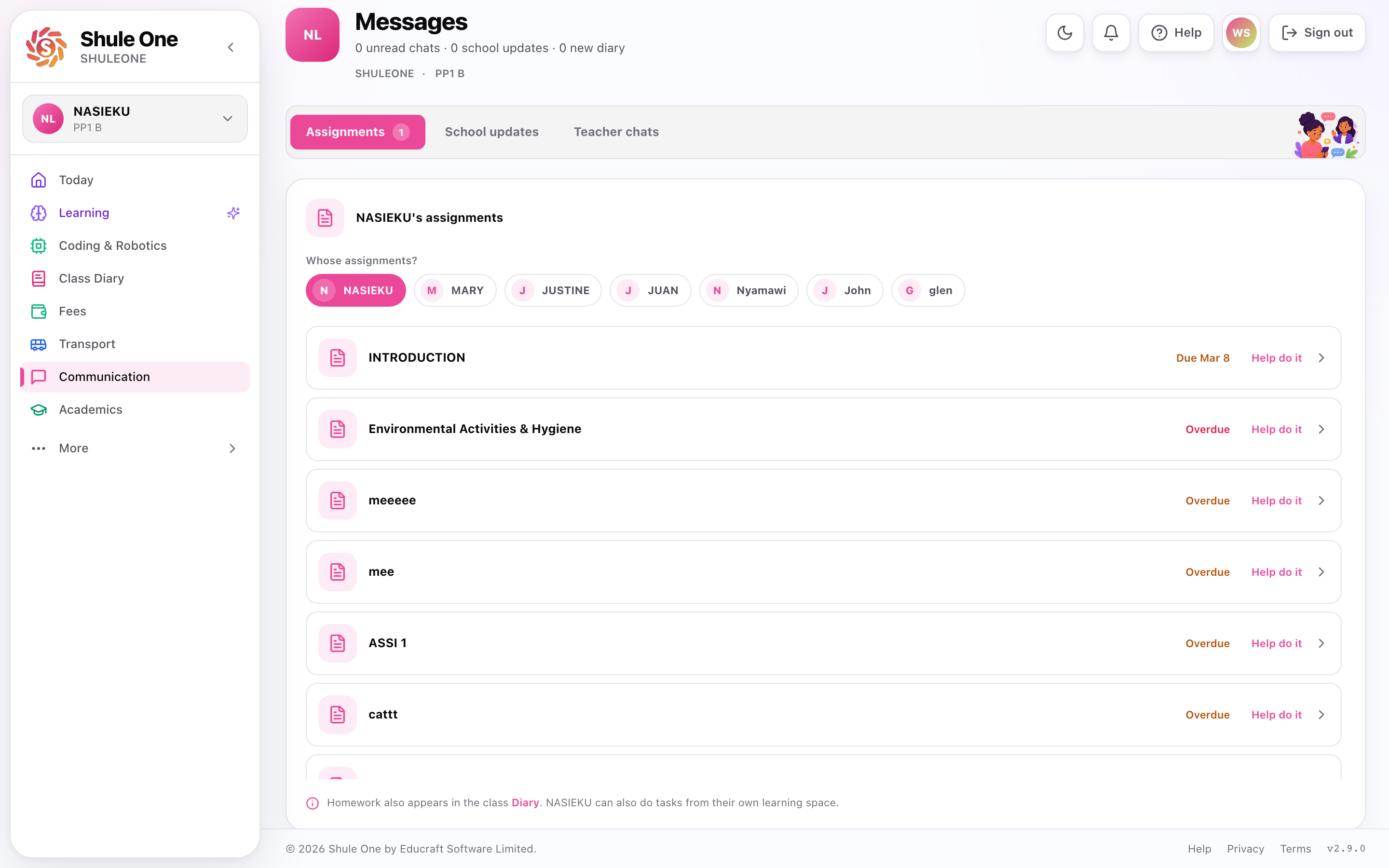 Messages in the parent communication view
