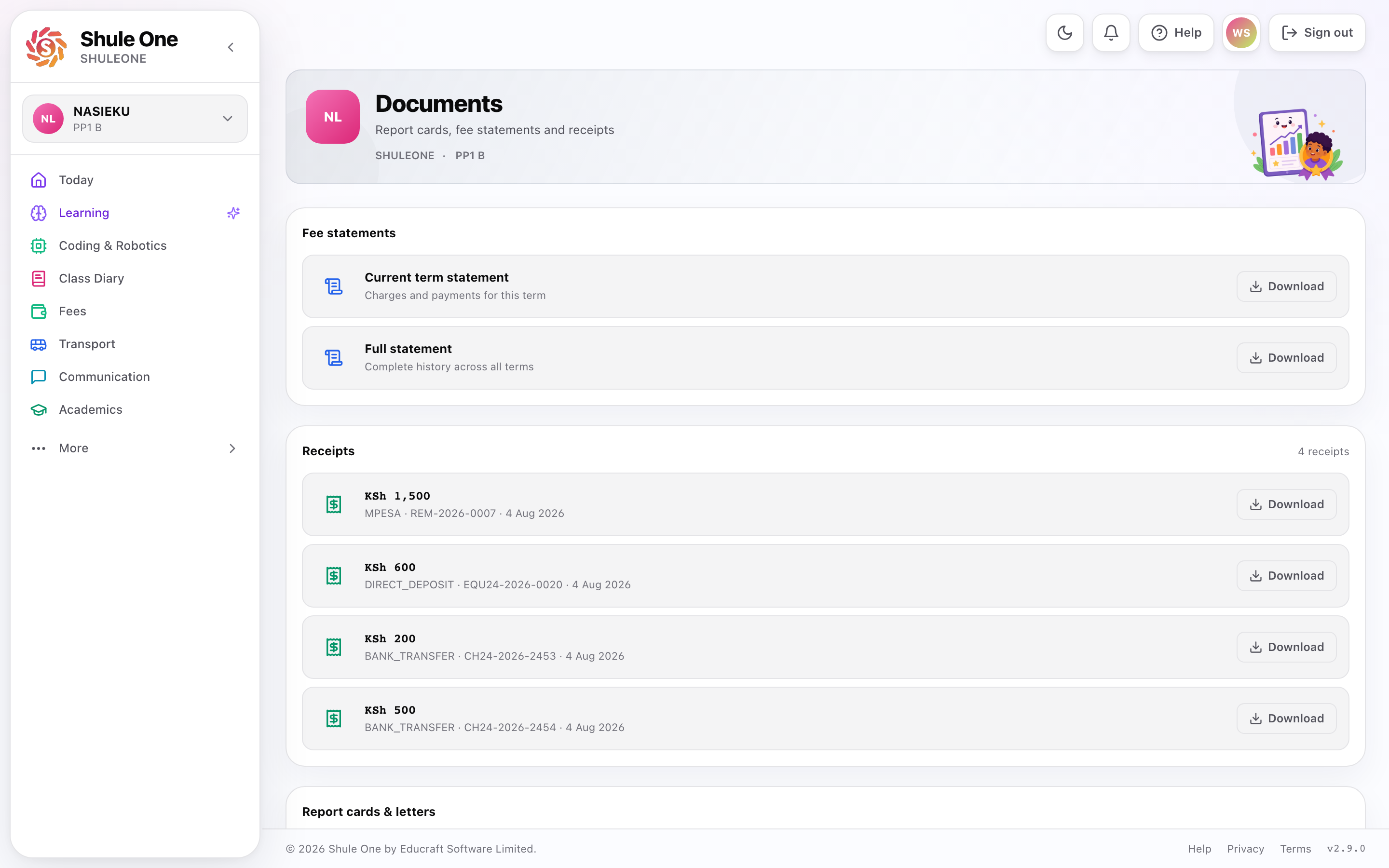 Parent documents and report downloads