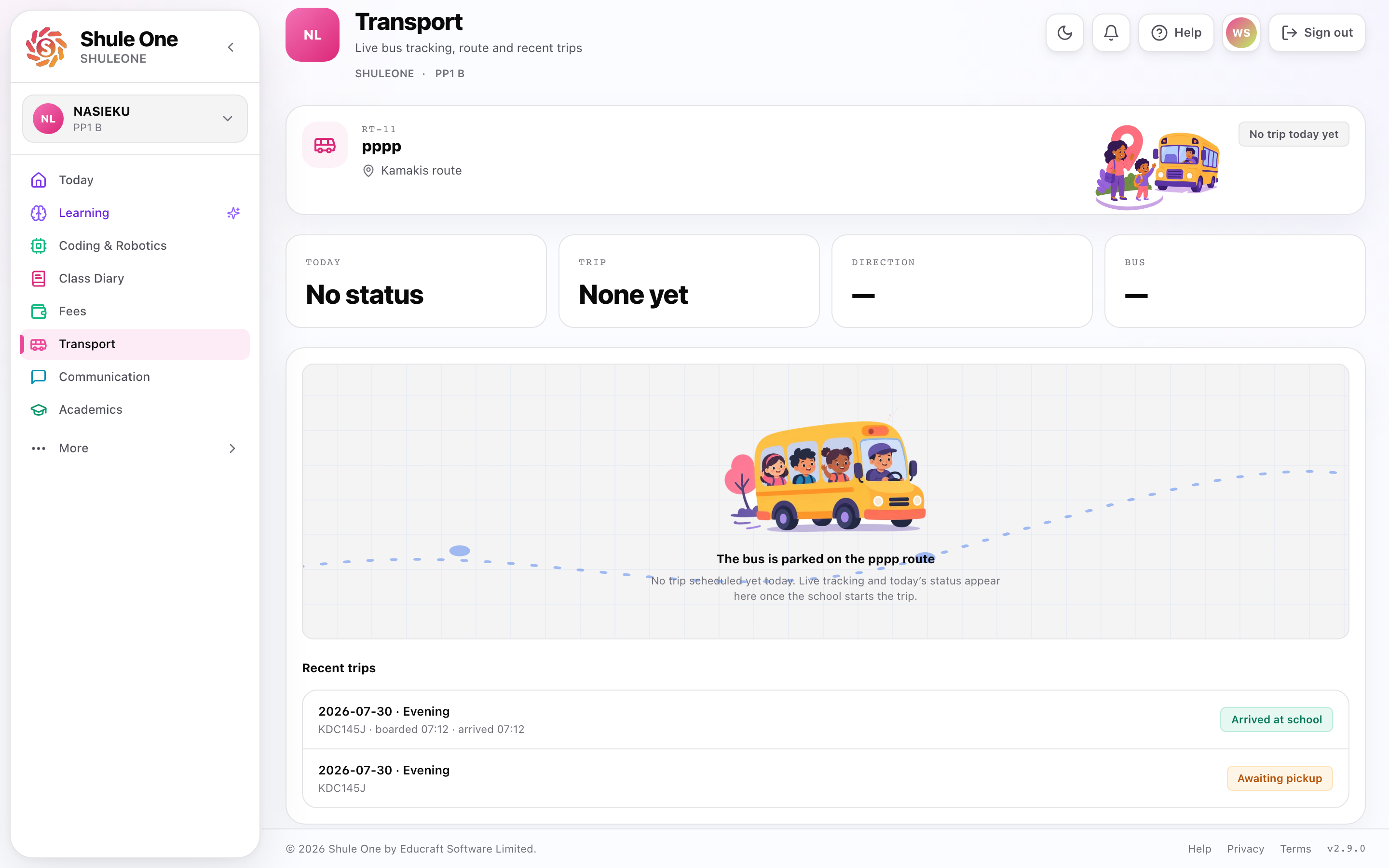 The child’s transport status and recent trips