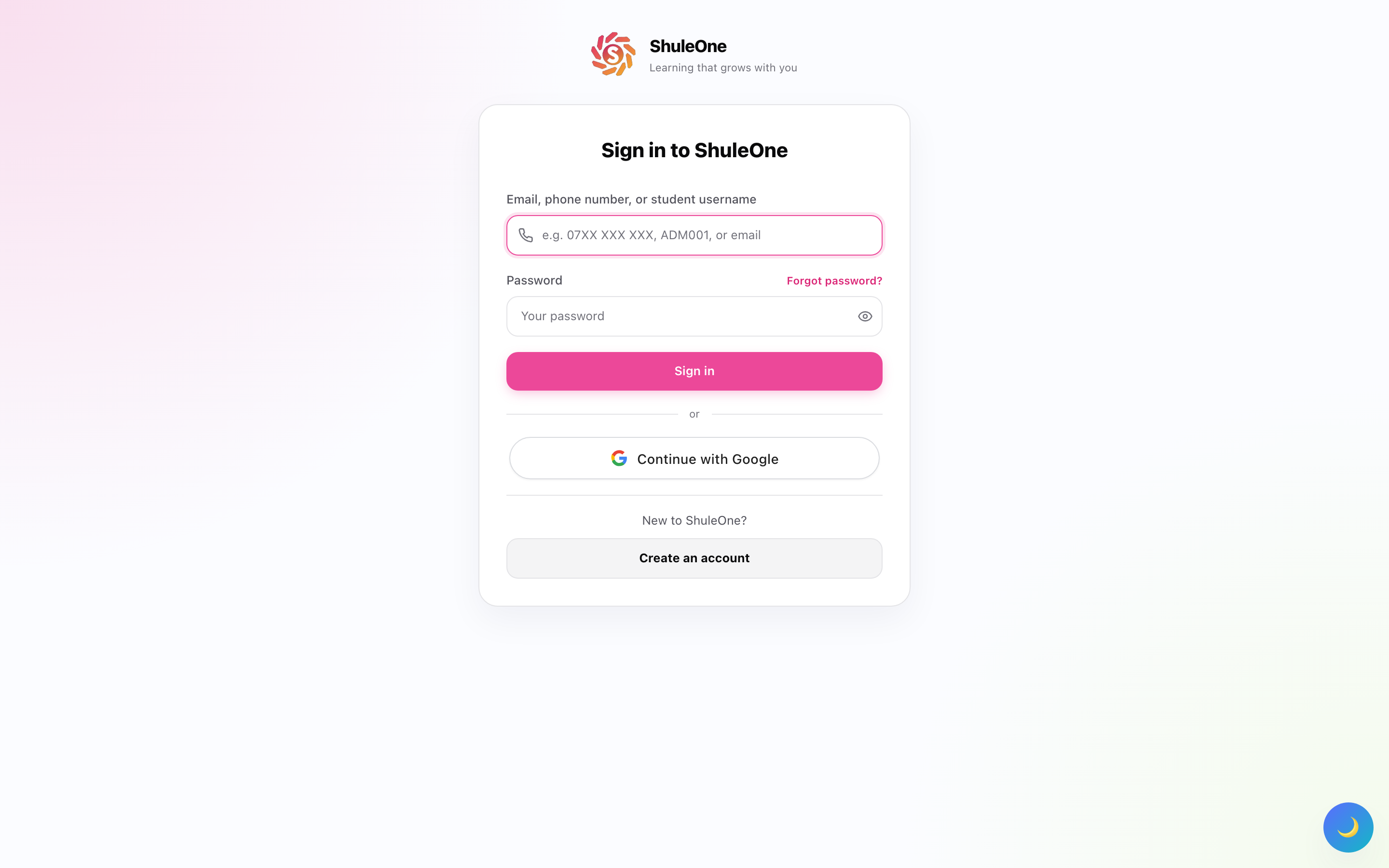The ShuleOne portal sign-in page