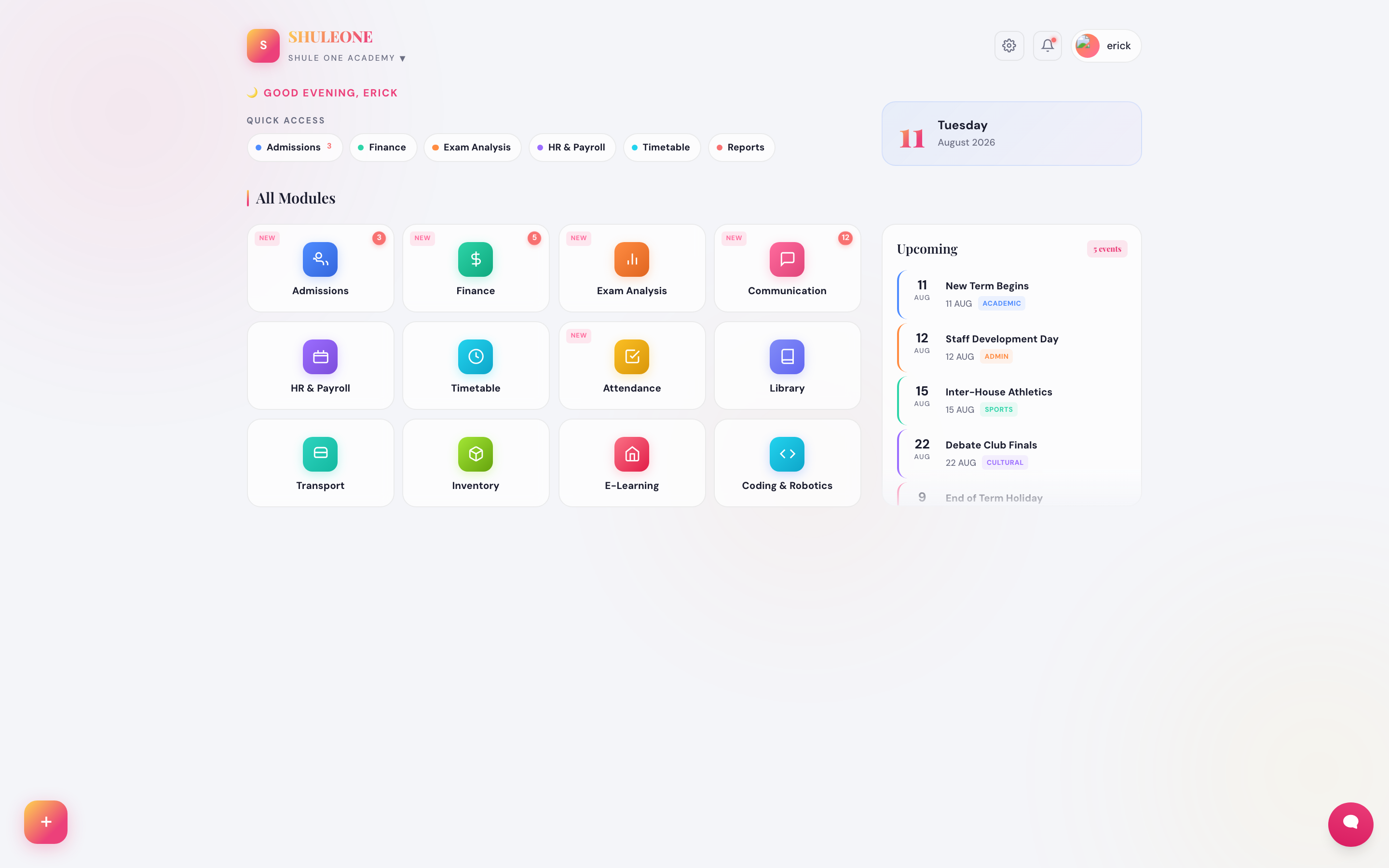 The administrator’s ShuleOne home screen