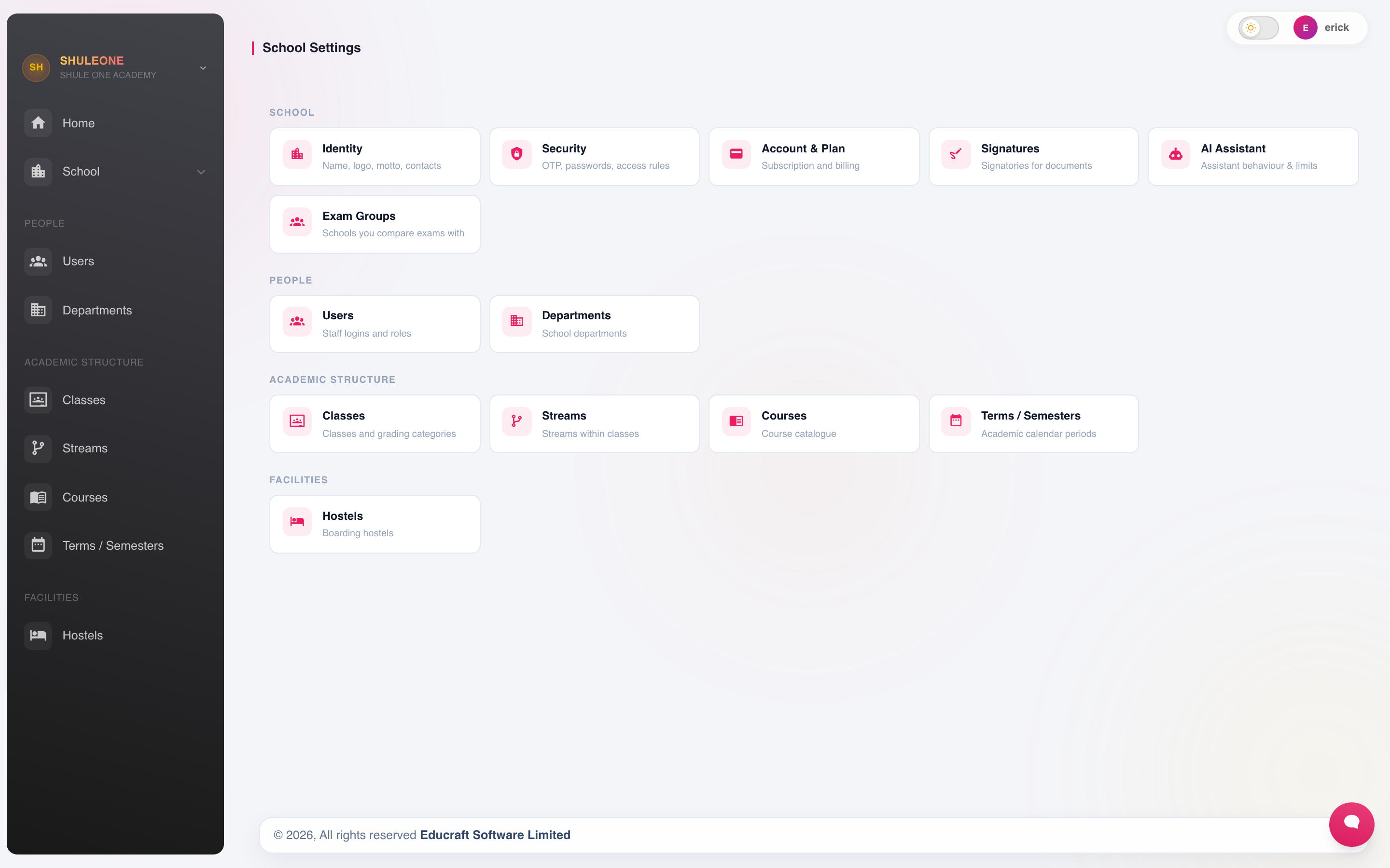 The School Settings hub