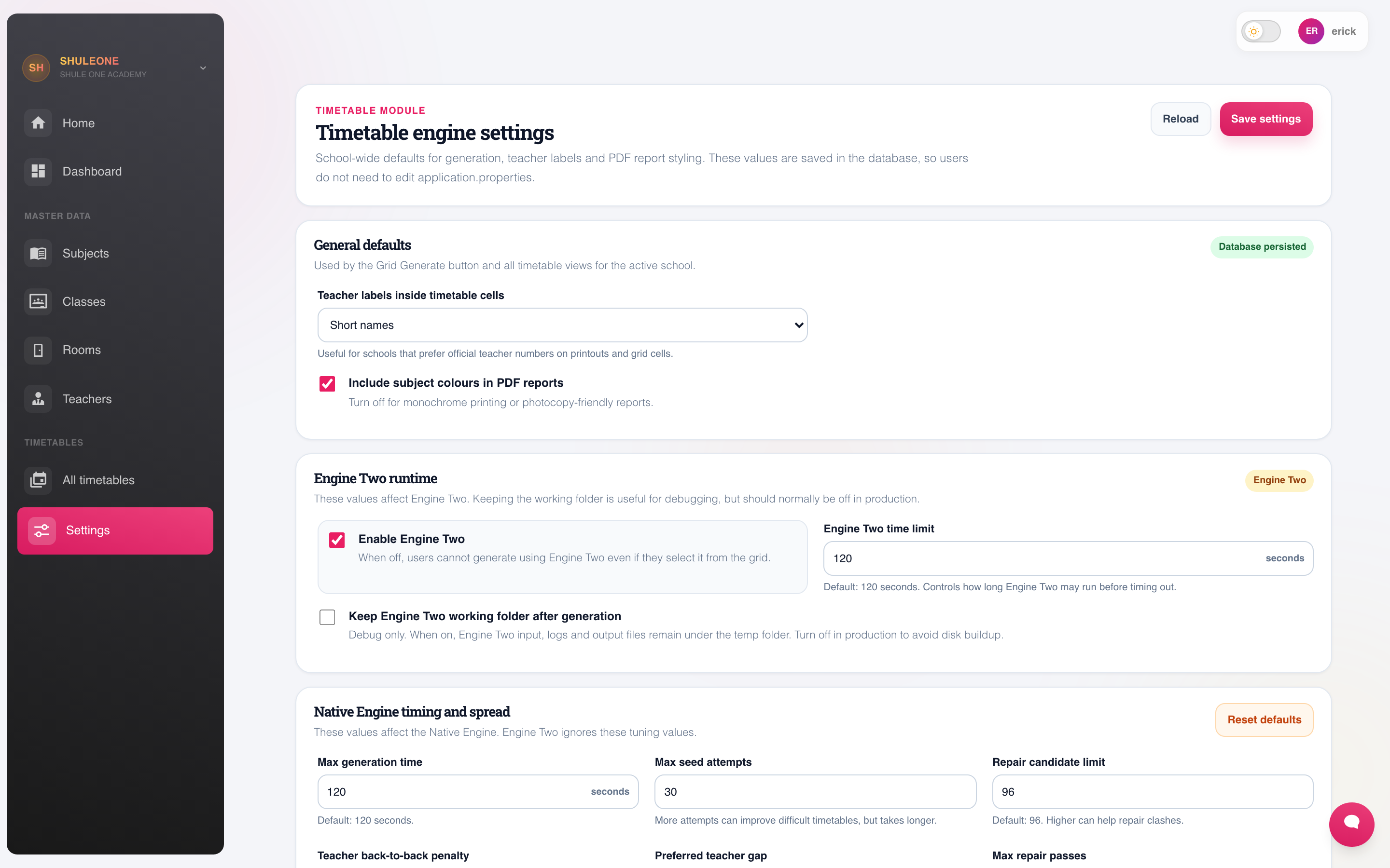 Timetable engine settings