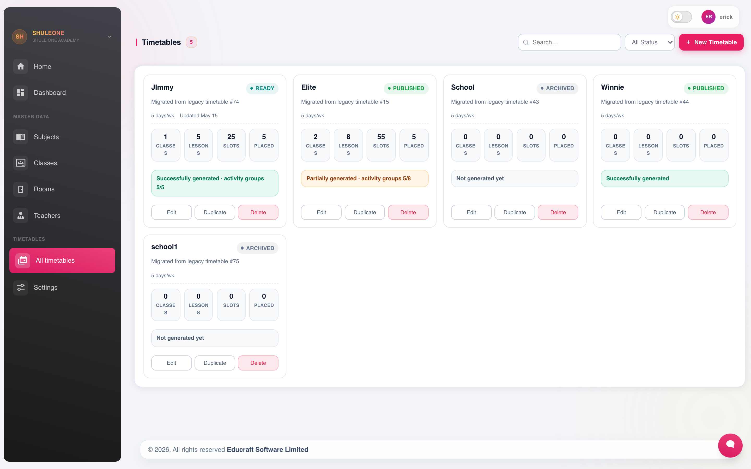 Timetable versions and publication status