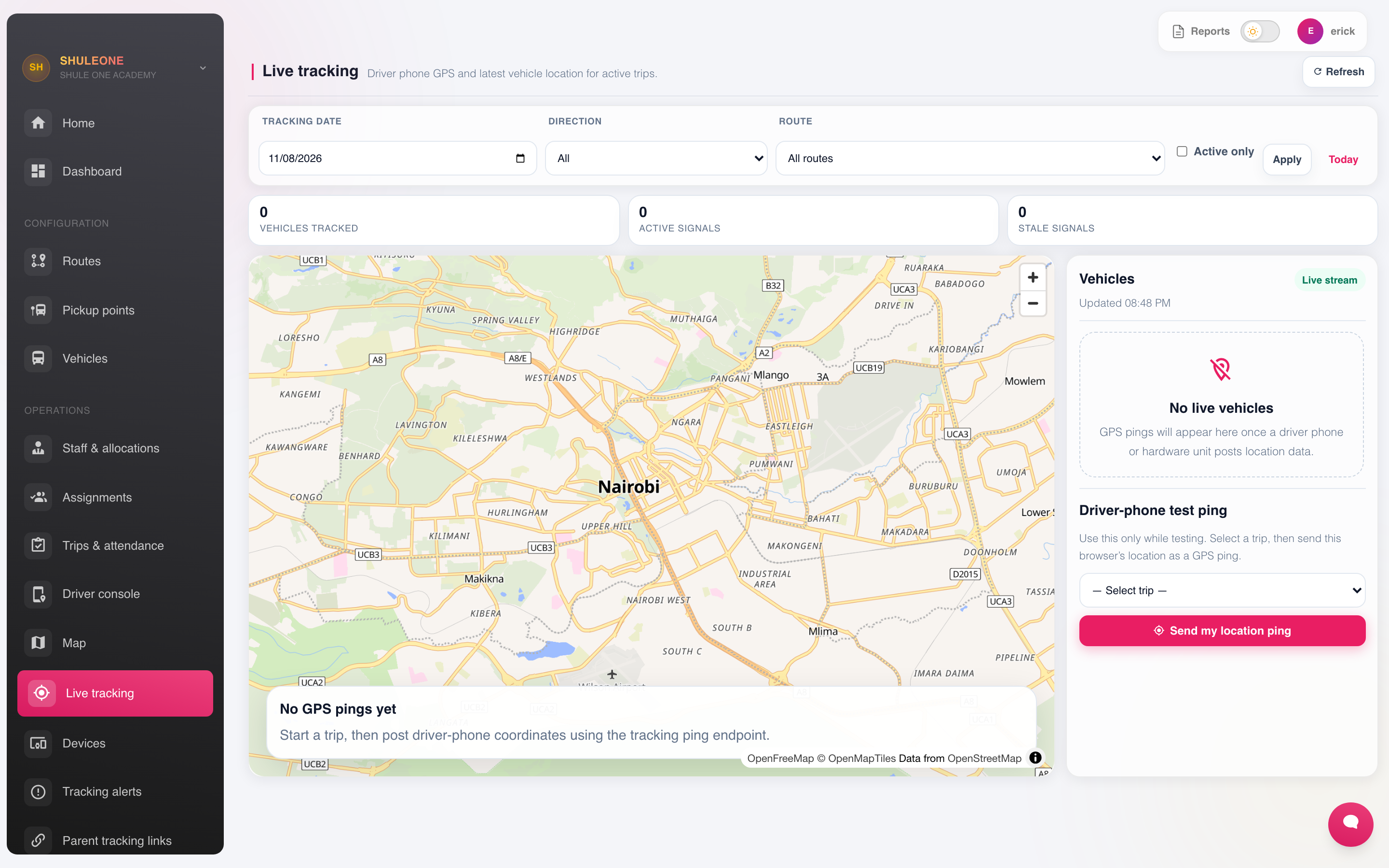The live vehicle-tracking workspace