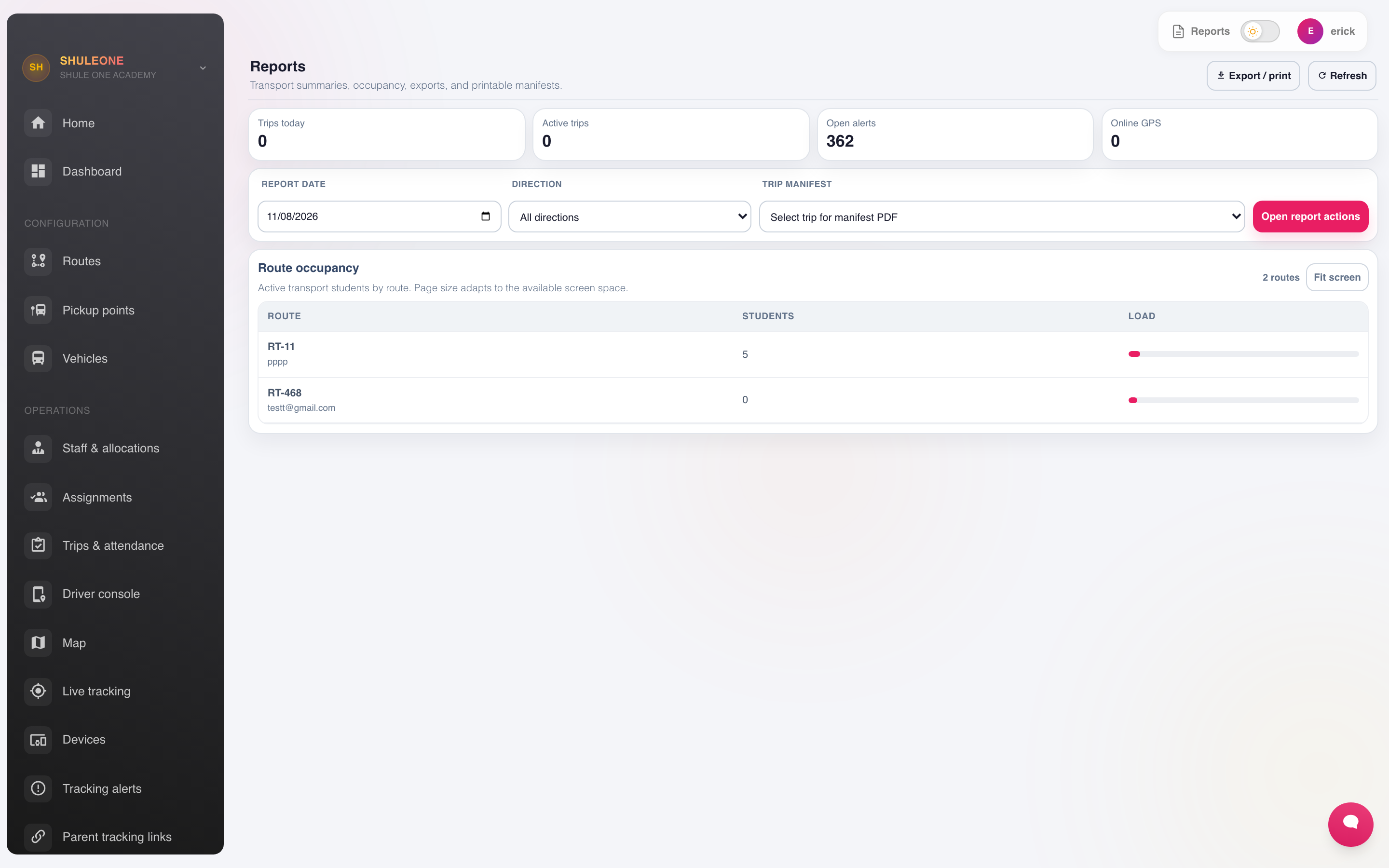 Transport report filters and results